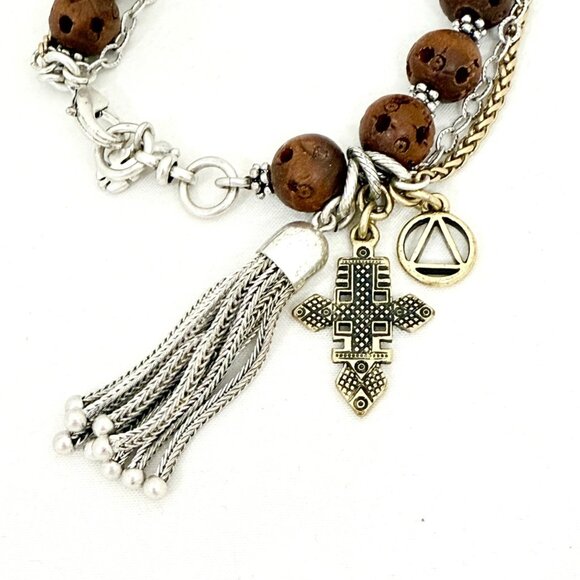 Vintage Lucky Brand Boho Charm Lava Bead Bracelet W/ Tassel, Cross, Unity Charm - Picture 2 of 4
